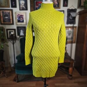 Sweater Dress Green Cable Knit Turtleneck Mini Long Sleeve Chartreuse Small S